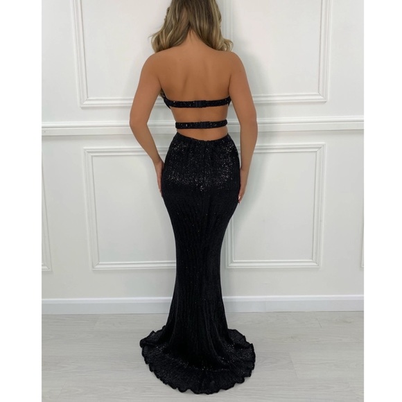 Black Strapless Sequin Cut Out Evening Long Dress - Picture 3 of 9